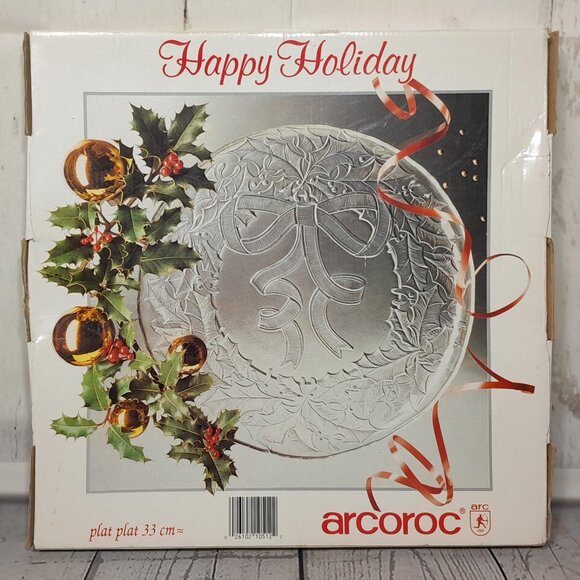 Arcoroc Glass Platter Happy Holiday Christmas Round Wreath With Bow USA 13" - Picture 1 of 12